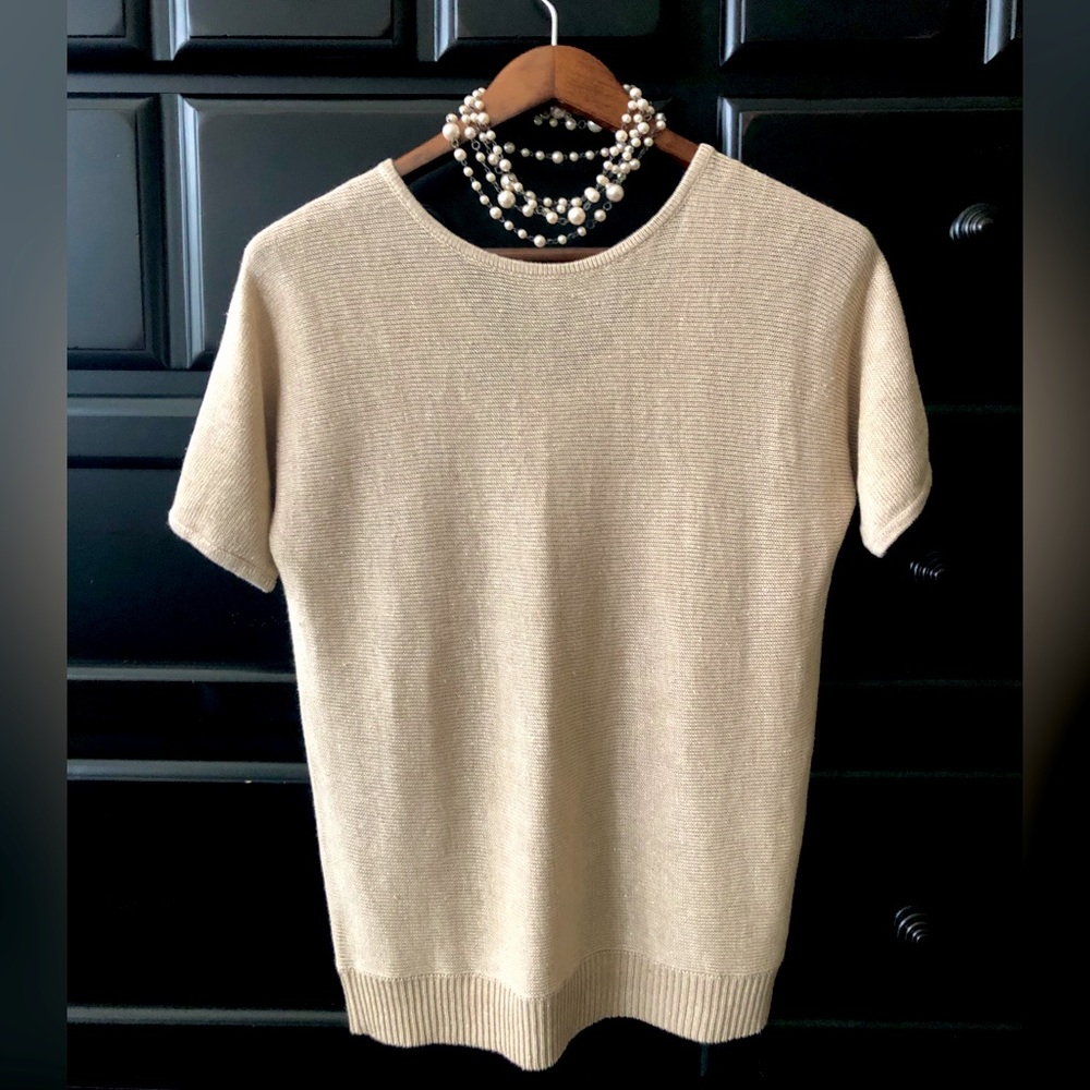 Talbots Short Sleeve Lightweight Linen Sweater Top Metallic Camel Tan V-Back NWT